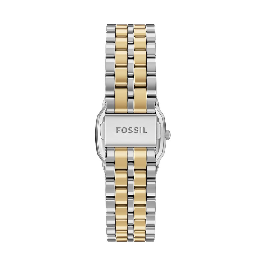 Rückansicht der Fossil Damenuhr aus zweifarbigem Edelstahl (goldfarben und silberfarben) mit Markenlogo auf der Schließe.