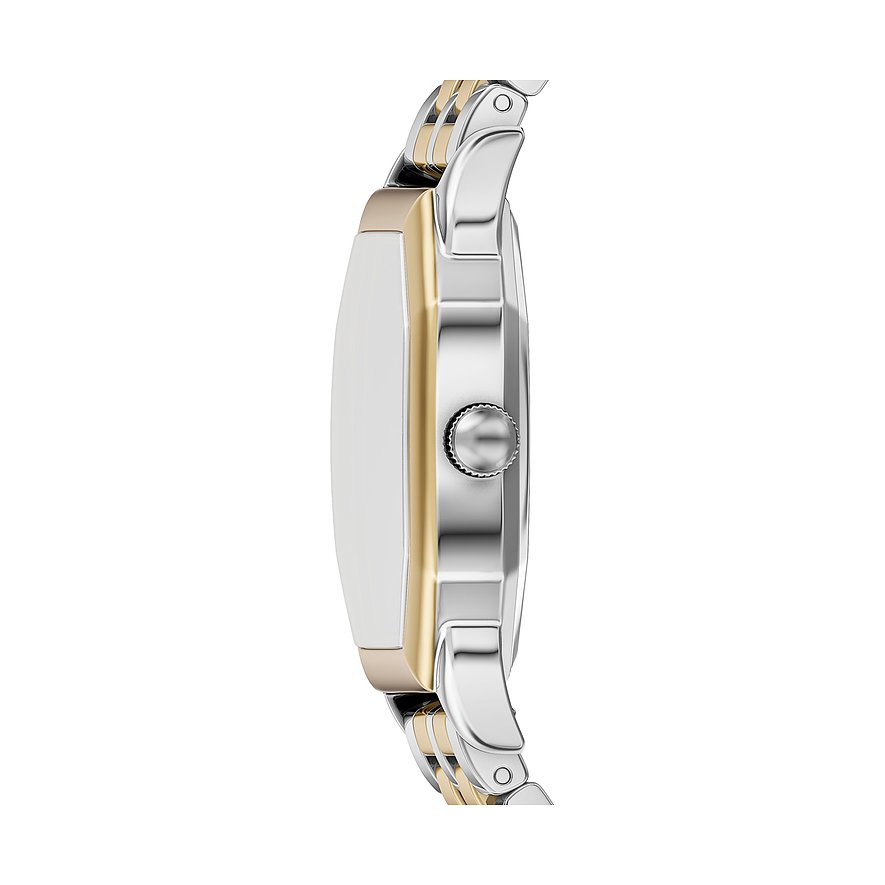 Seitenansicht der Fossil Damenuhr aus Edelstahl, mit goldfarbener Umrandung und silbernem Armband.