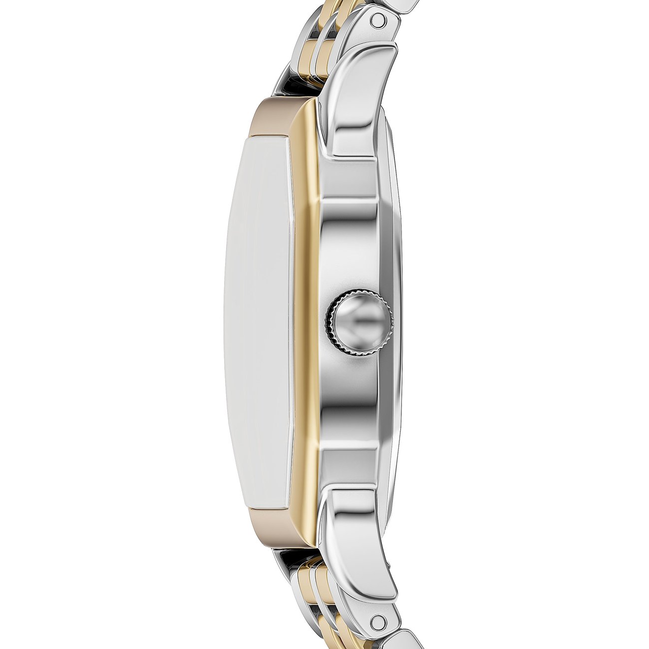 Seitenansicht der Fossil Damenuhr aus Edelstahl, mit goldfarbener Umrandung und silbernem Armband.