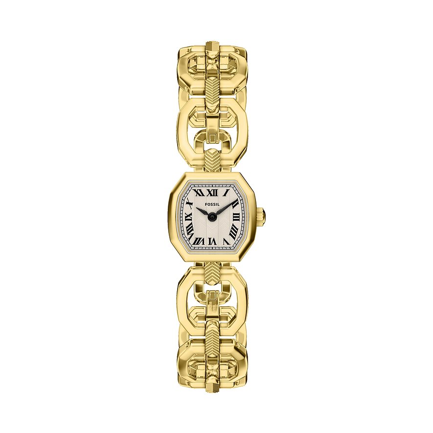 Montre femme Fossil en acier inoxydable plaqué IP doré, cadran couleur champagne et chiffres romains.