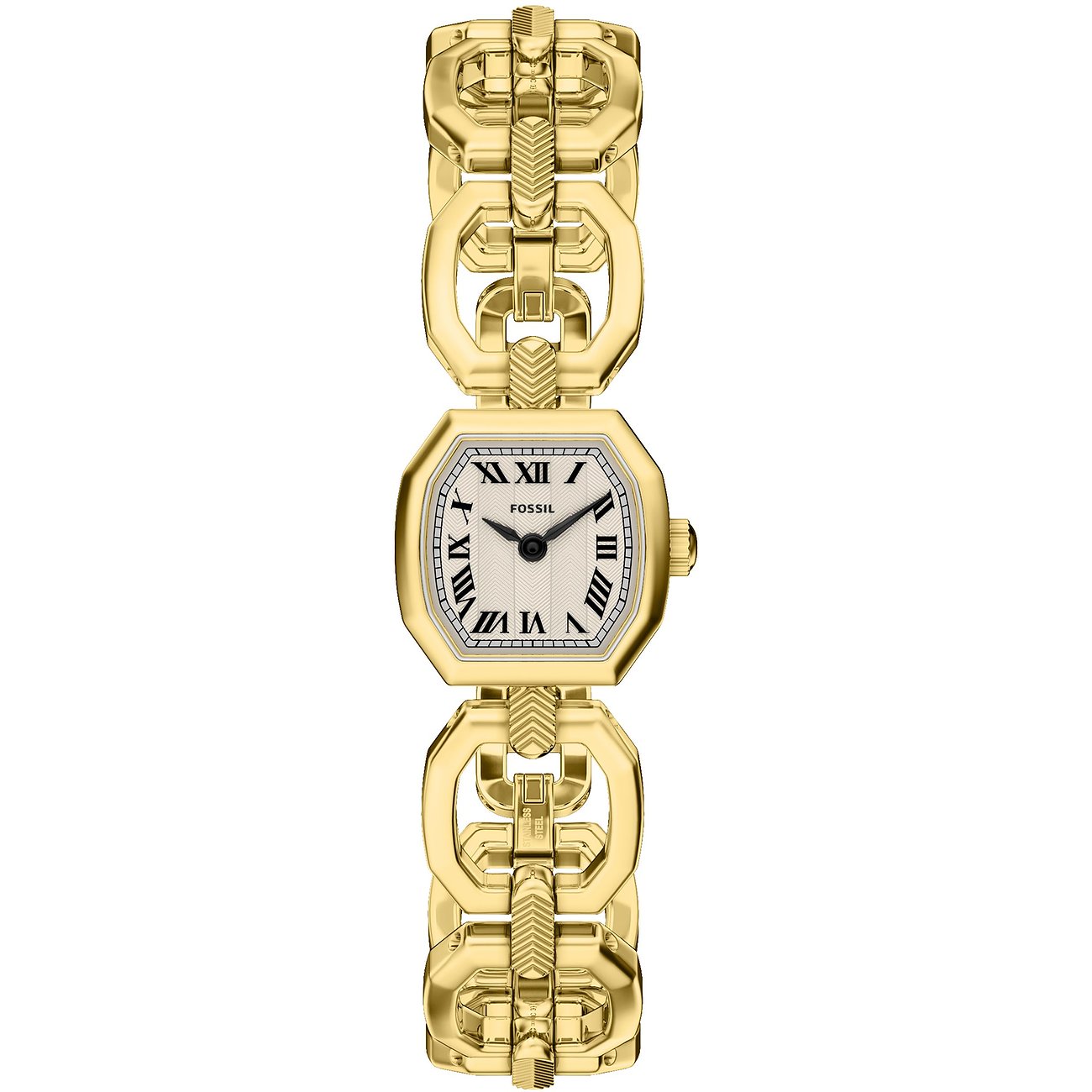 Montre femme Fossil en acier inoxydable plaqué IP doré, cadran couleur champagne et chiffres romains.