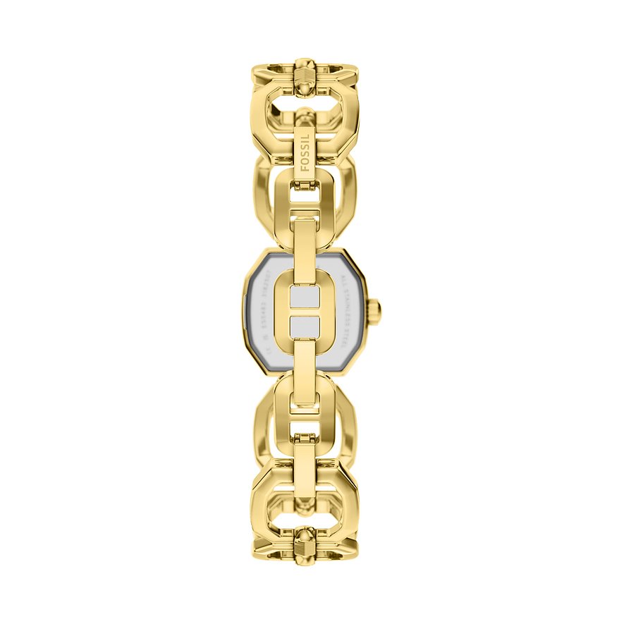 Vue arrière d'une montre femme Fossil dorée en acier inoxydable avec un bracelet à maillons robuste.