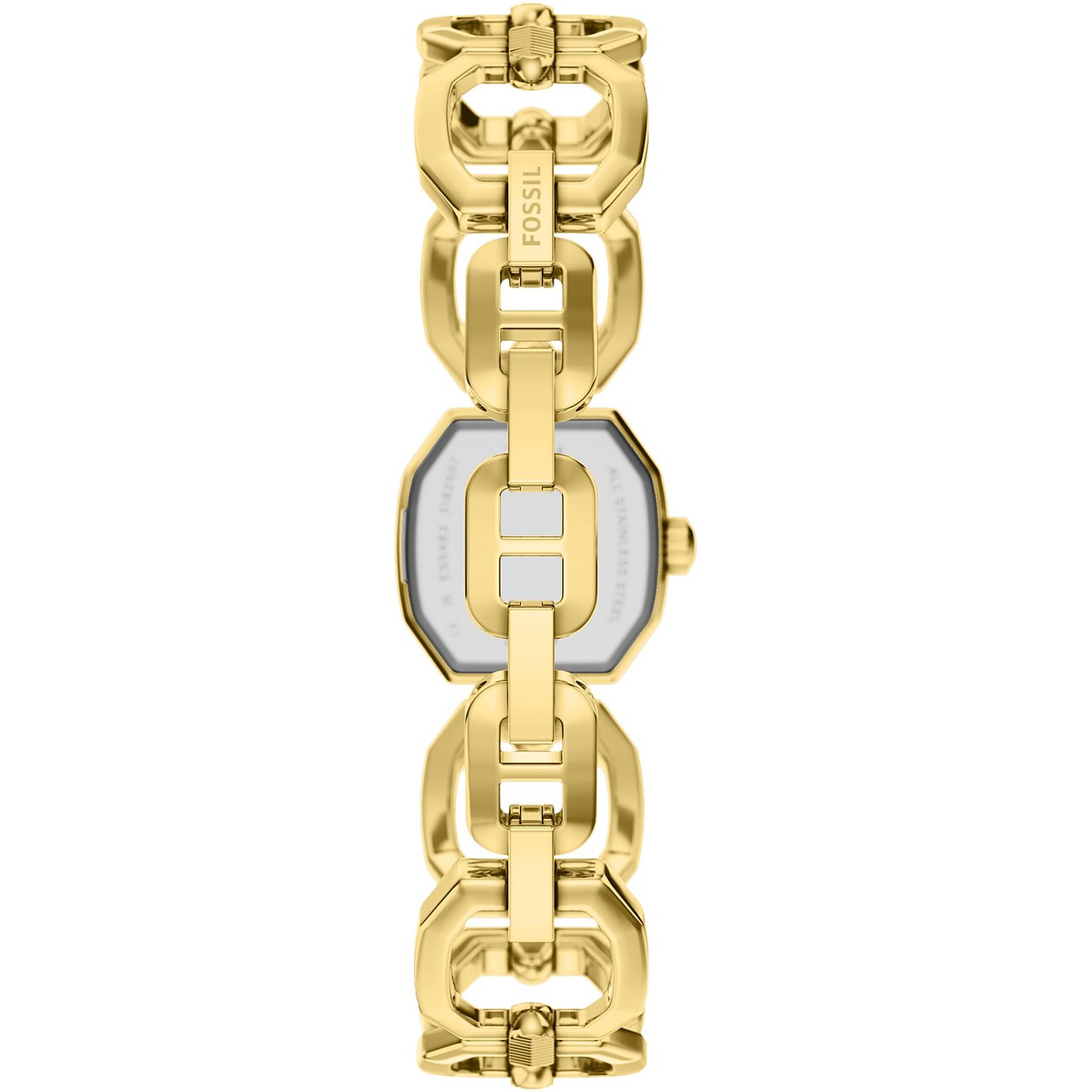 Vue arrière d'une montre femme Fossil dorée en acier inoxydable avec un bracelet à maillons robuste.