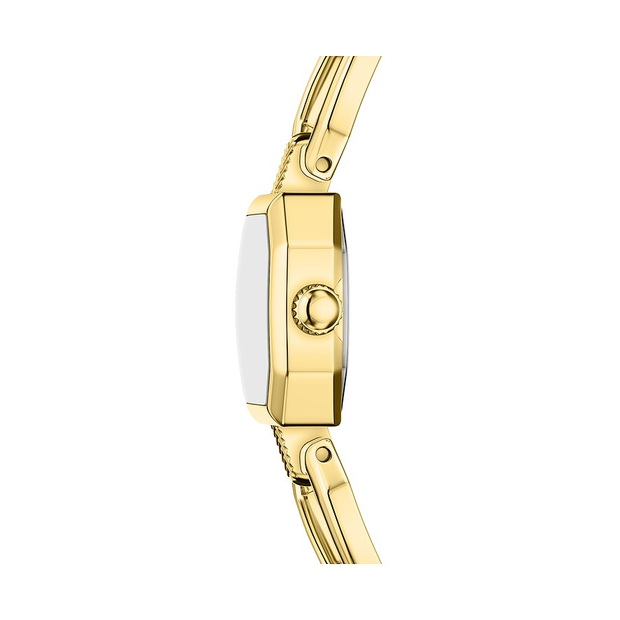 Vue latérale de la montre Fossil femme en or, acier inoxydable, boîtier rectangulaire et couronne.