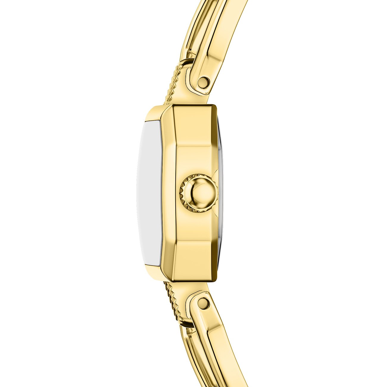 Vue latérale de la montre Fossil femme en or, acier inoxydable, boîtier rectangulaire et couronne.