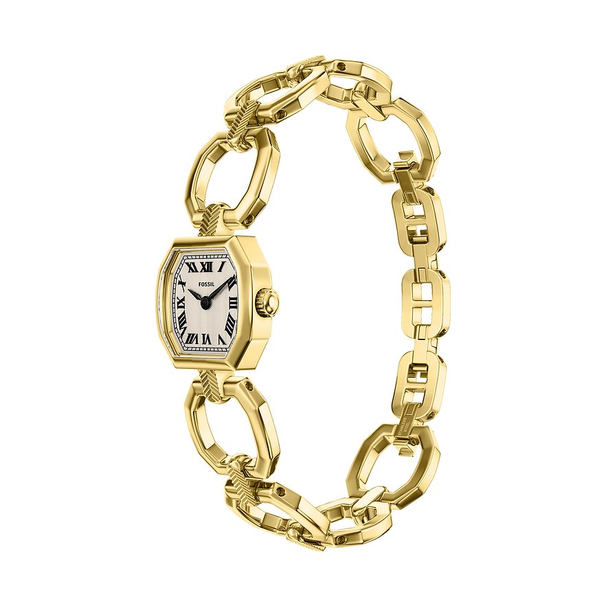 Cette montre femme Fossil en acier inoxydable doré a un bracelet fin à maillons larges.