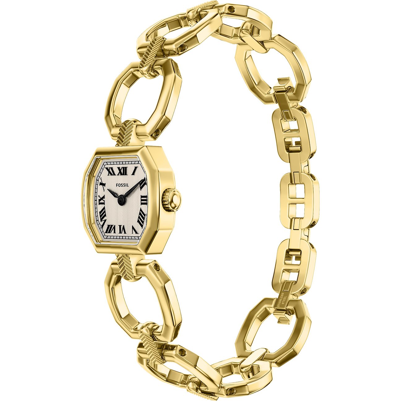 Cette montre femme Fossil en acier inoxydable doré a un bracelet fin à maillons larges.