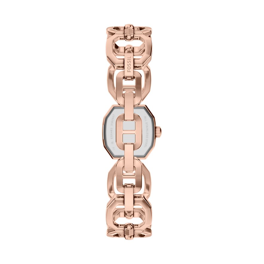 Rückansicht der Fossil Damenuhr aus roségoldfarbenem Edelstahl mit achteckigem Gehäuse und Gliederarmband.