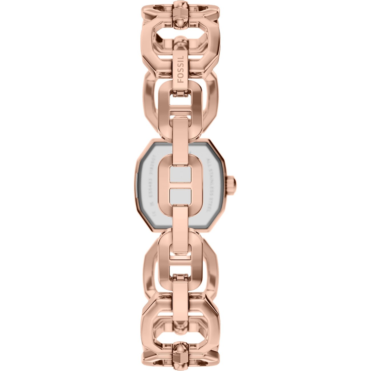 Rückansicht der Fossil Damenuhr aus roségoldfarbenem Edelstahl mit achteckigem Gehäuse und Gliederarmband.