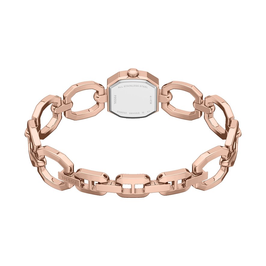 Rückseite einer Fossil Damenuhr aus roségoldfarbenem Edelstahl mit einem Gliederarmband.