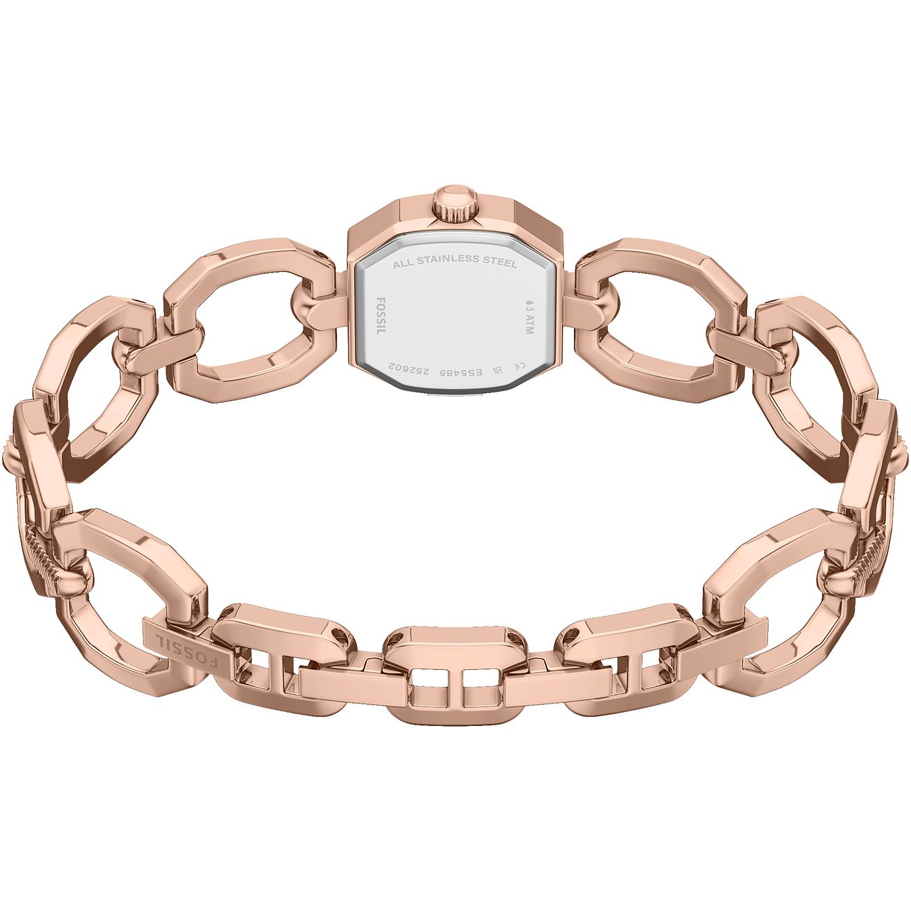 Rückseite einer Fossil Damenuhr aus roségoldfarbenem Edelstahl mit einem Gliederarmband.