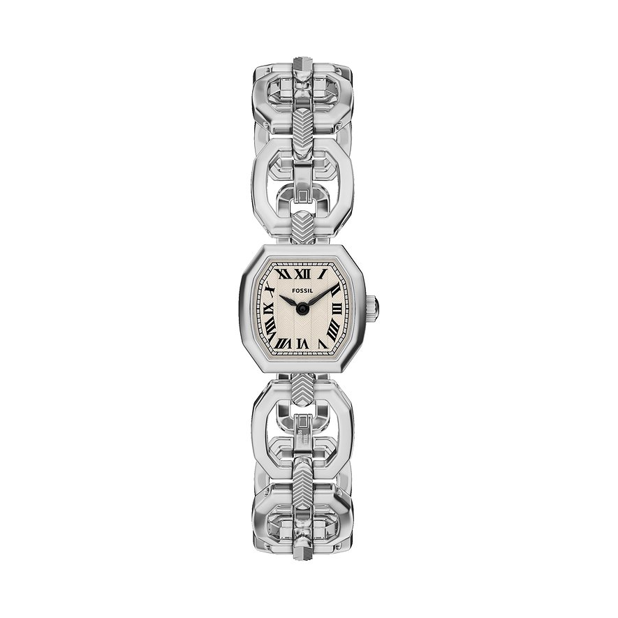 Montre femme Fossil en acier inoxydable avec cadran ovale et chiffres romains, sur fond blanc.
