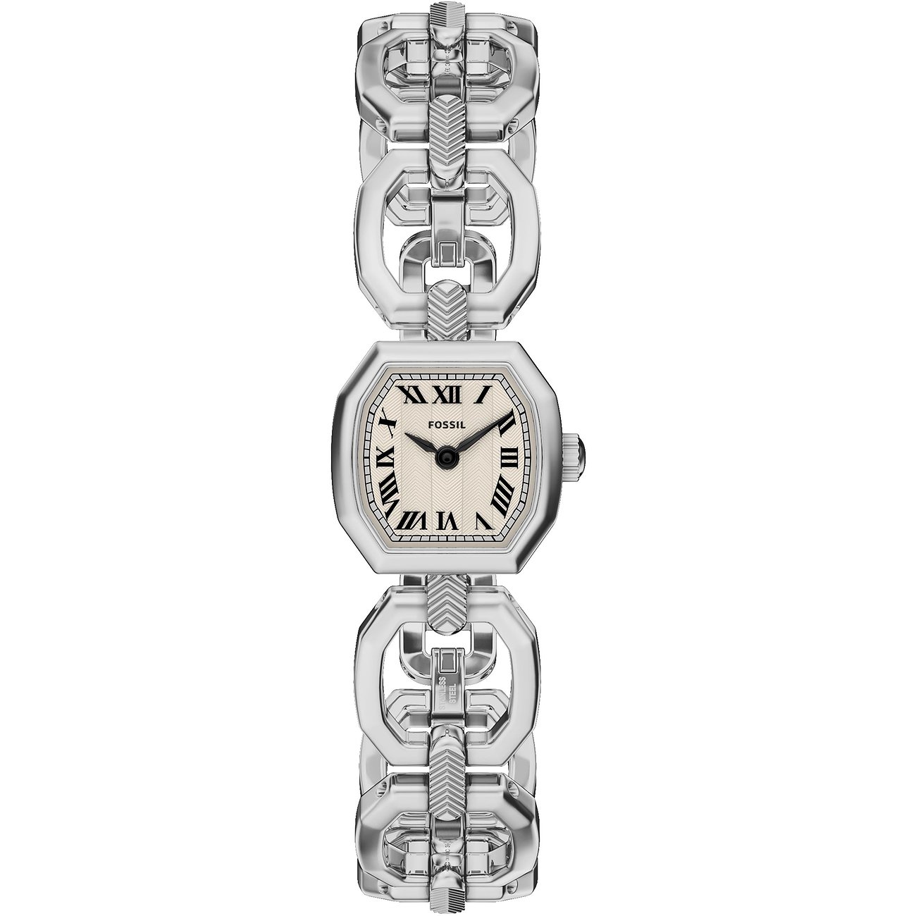 Montre femme Fossil en acier inoxydable avec cadran ovale et chiffres romains, sur fond blanc.
