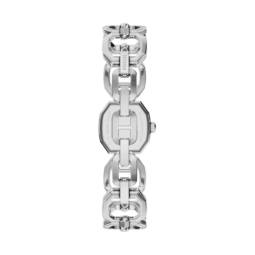 Vue arrière de la montre Fossil pour femmes en acier inoxydable argenté, bracelet chaîne complexe et fond de boîtier.