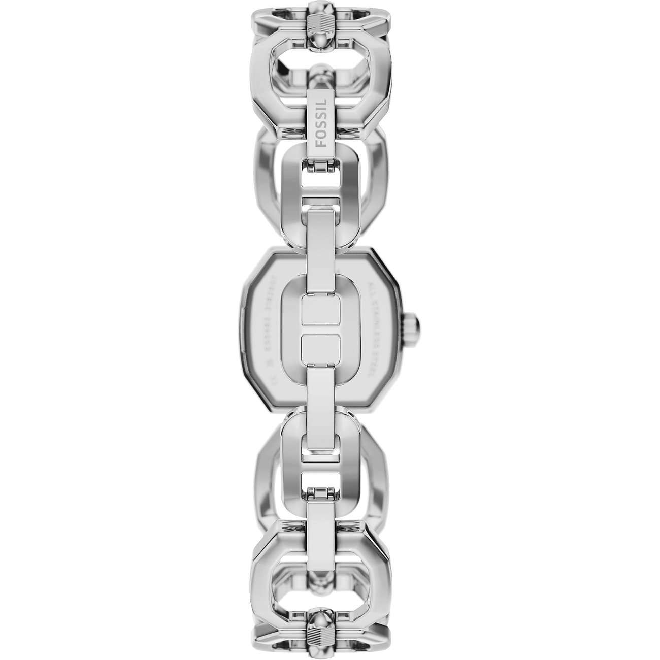Vue arrière de la montre Fossil pour femmes en acier inoxydable argenté, bracelet chaîne complexe et fond de boîtier.