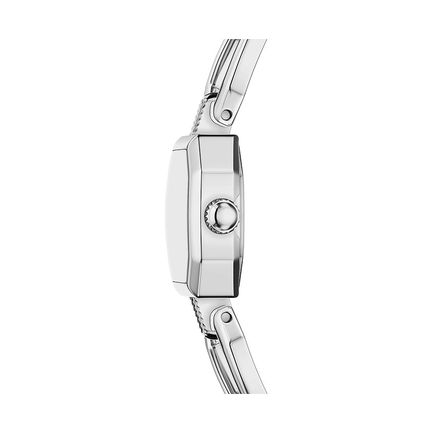 Vue latérale de la montre femme Fossil en acier inoxydable avec boîtier rectangulaire et couronne.