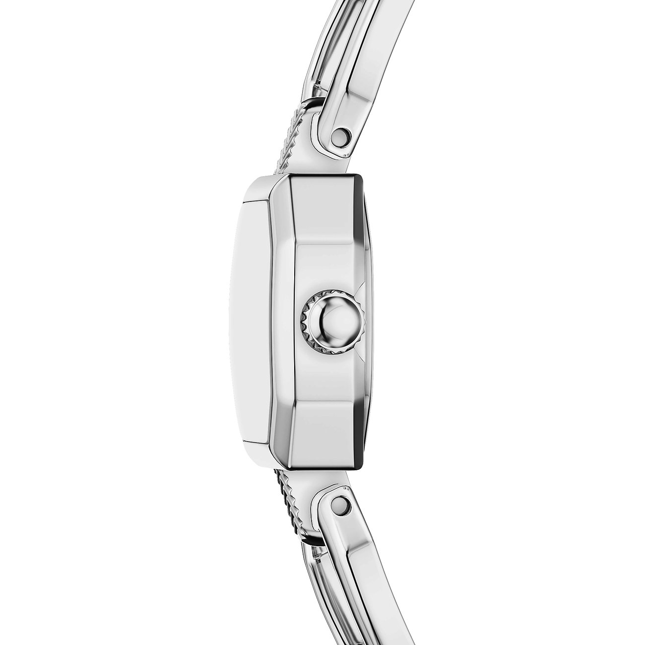 Vue latérale de la montre femme Fossil en acier inoxydable avec boîtier rectangulaire et couronne.