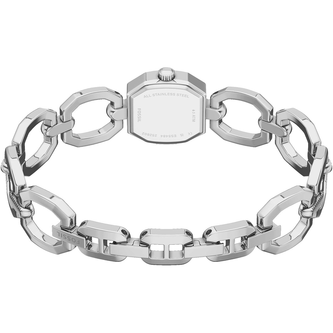 Vue arrière d'une montre femme Fossil en acier inoxydable avec cadran rectangulaire et chaîne à maillons brillants.