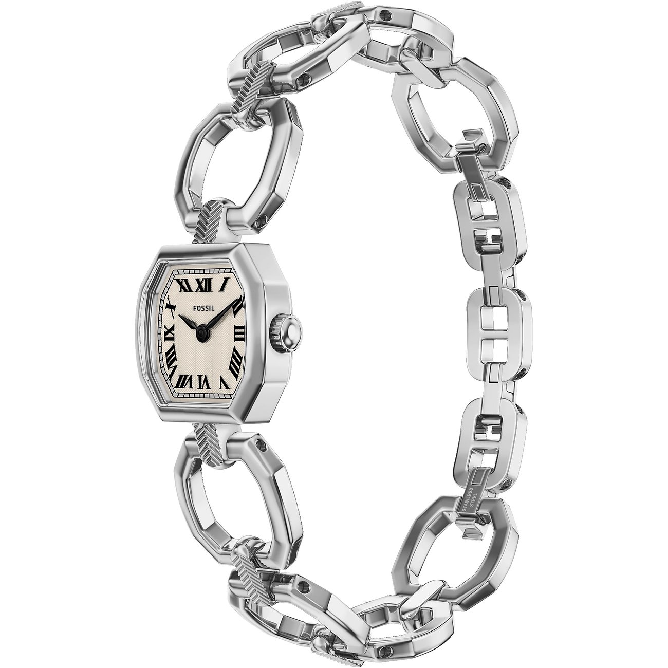 Gros plan d'une luxueuse montre femme Fossil en acier inoxydable avec affichage carré et chiffres romains.