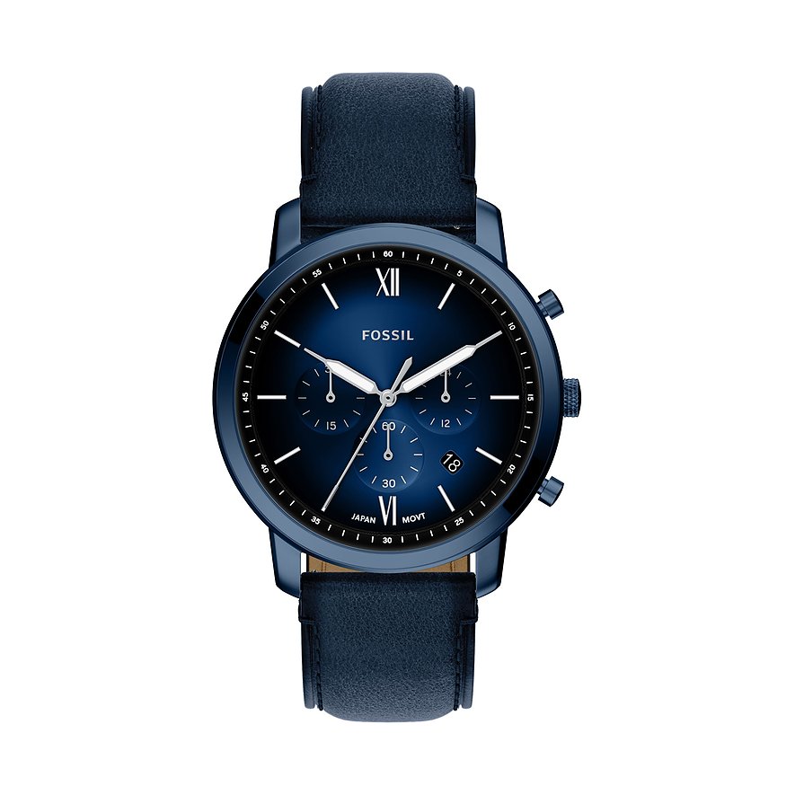 Eine Fossil Herrenuhr aus blauem Edelstahl mit einem blauen Zifferblatt und blauem Lederarmband, frontal aufgenommen.