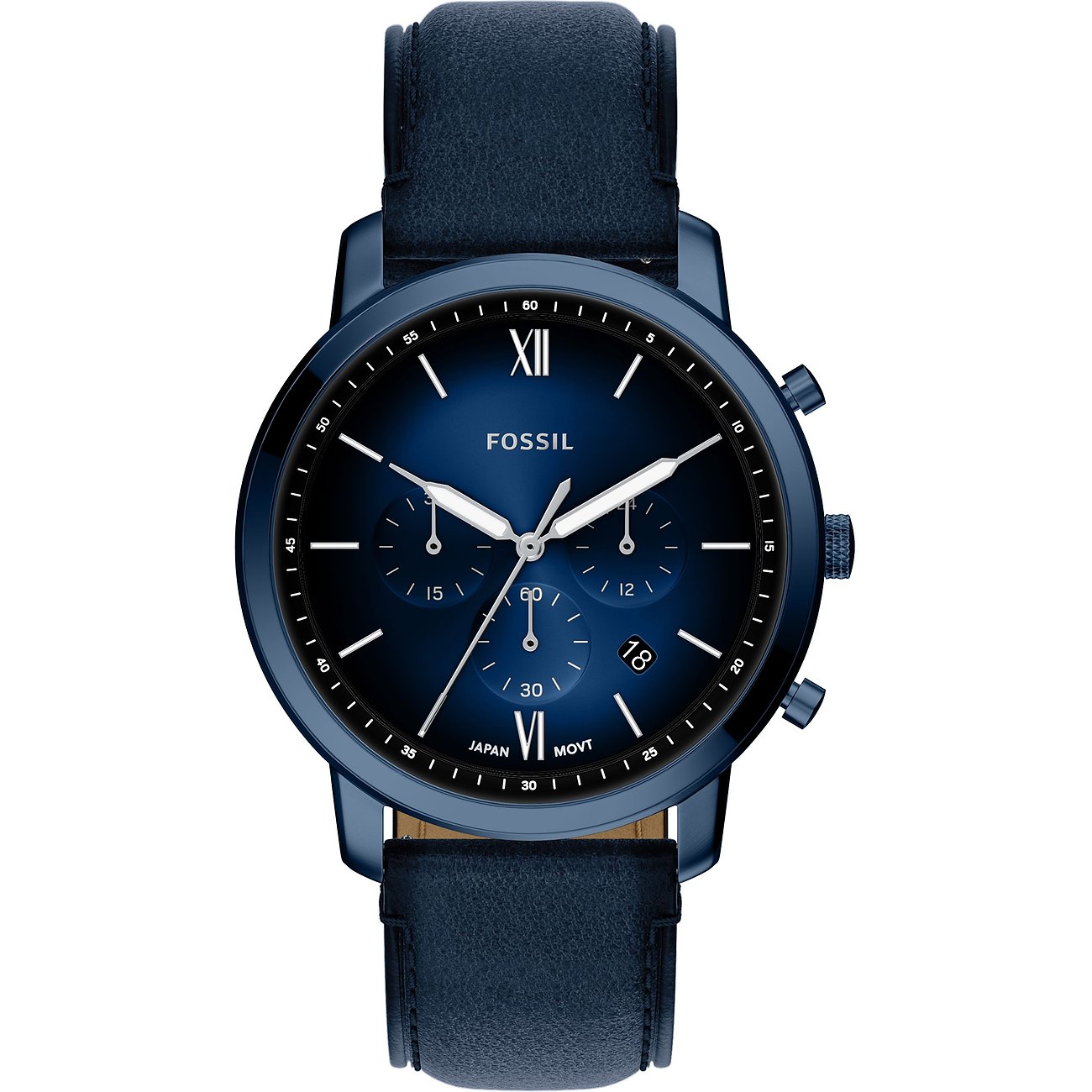 Eine Fossil Herrenuhr aus blauem Edelstahl mit einem blauen Zifferblatt und blauem Lederarmband, frontal aufgenommen.