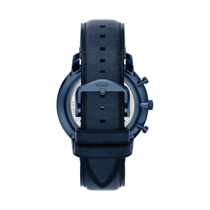 Rückansicht der Fossil Herrenuhr aus blauem Edelstahl mit dunkelblauem Lederarmband und Dornschließe.