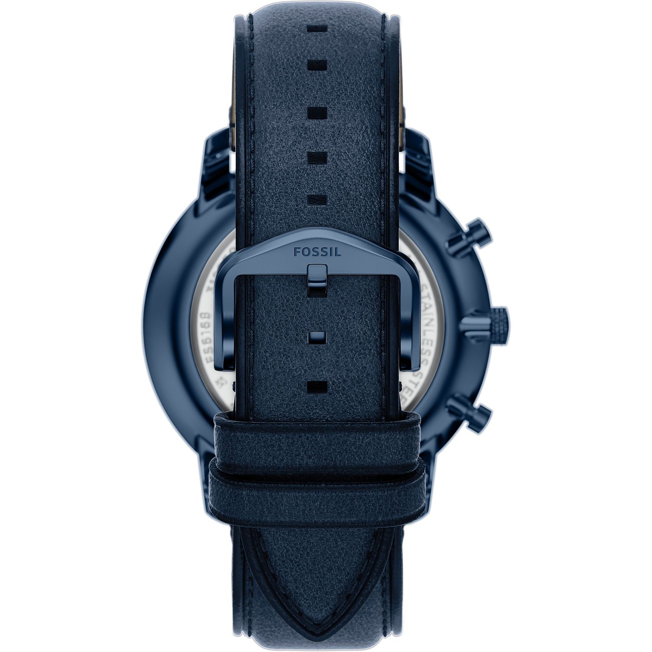 Rückansicht der Fossil Herrenuhr aus blauem Edelstahl mit dunkelblauem Lederarmband und Dornschließe.