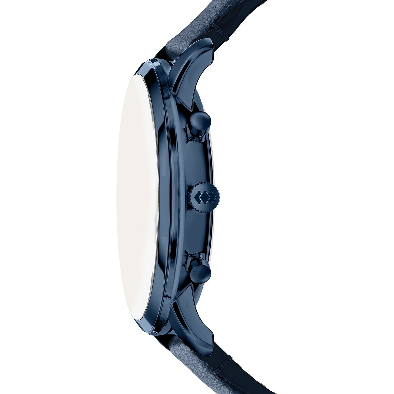 Seitenansicht einer Fossil Herrenuhr aus blauem Edelstahl von der Seite mit Uhrenkrone und Drückern.