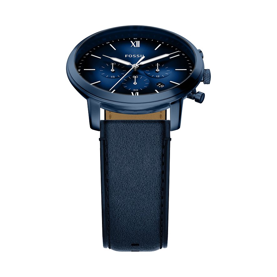Eine Fossil Herrenuhr aus blauem Edelstahl mit einem dunkelblauen Lederarmband und Zifferblatt