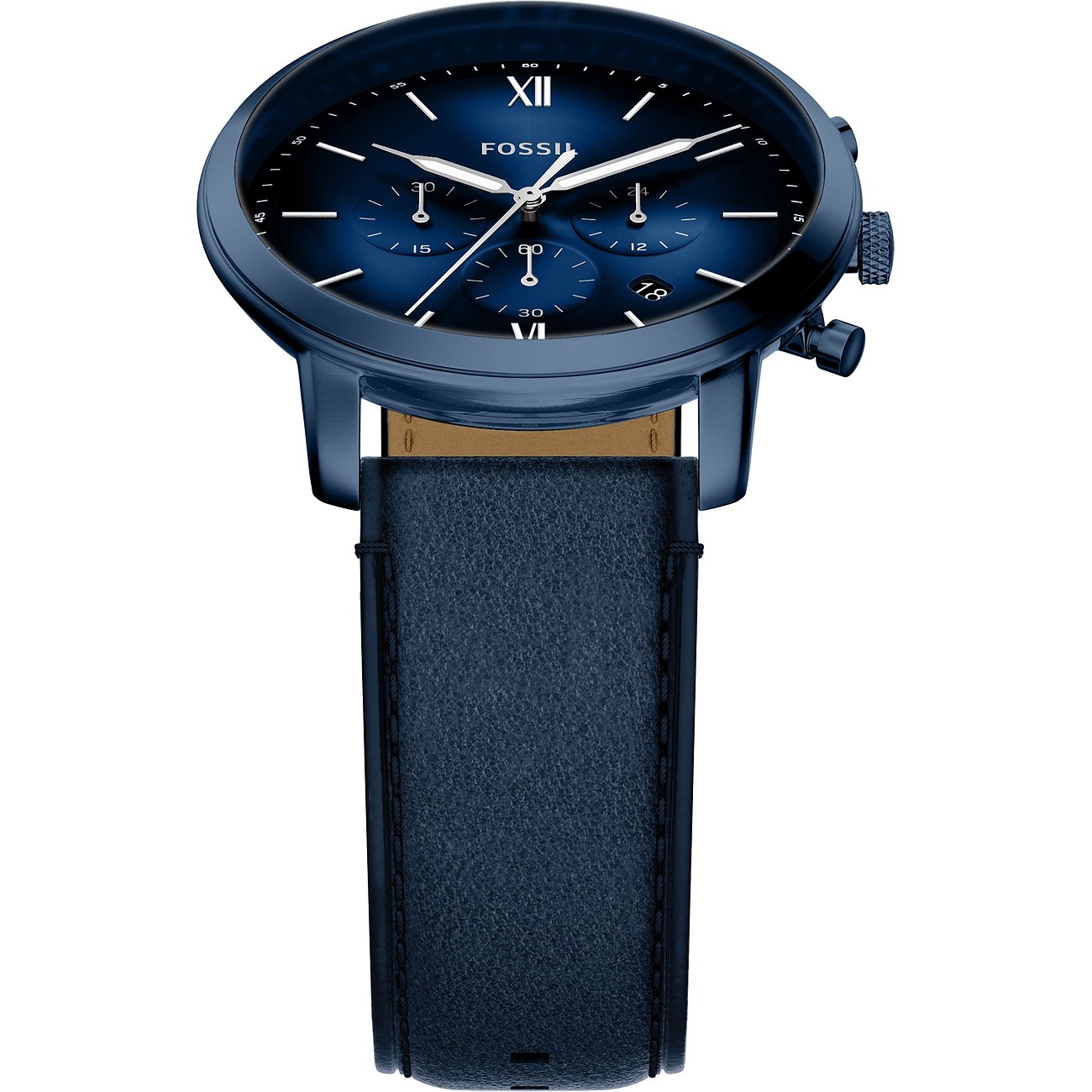 Eine Fossil Herrenuhr aus blauem Edelstahl mit einem dunkelblauen Lederarmband und Zifferblatt