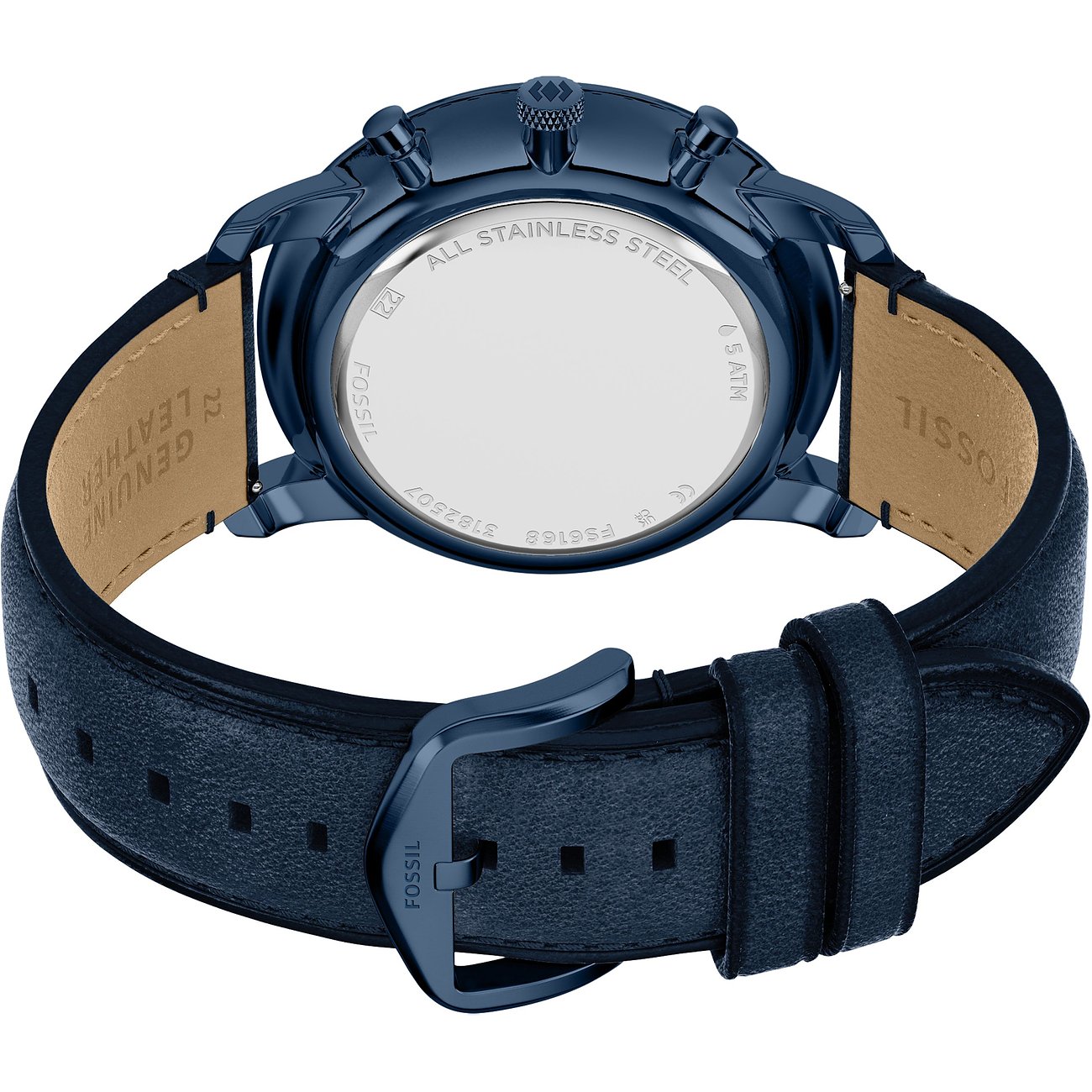 Rückansicht der Fossil Herrenuhr aus blauem Chirurgenedelstahl mit braunem Lederband und blauer Dornschließe.
