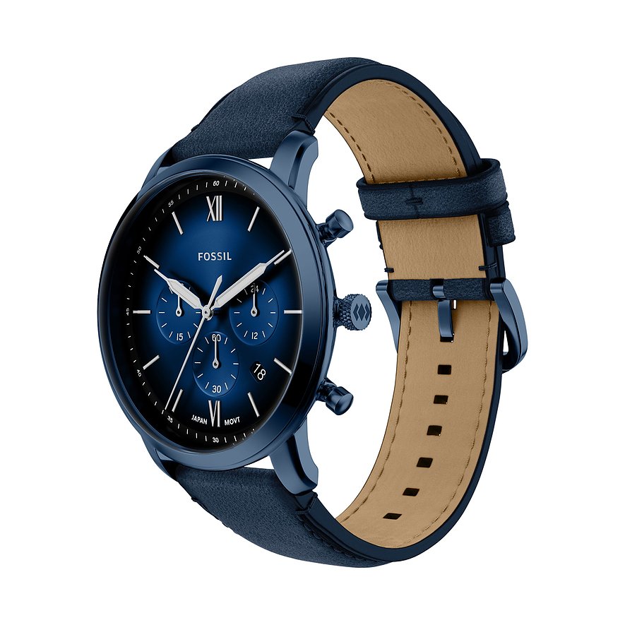 Dunkelblaue Fossil Herrenuhr aus Edelstahl mit Chronographenfunktion, blauer Analoguhr und dunkelblauem Lederarmband.