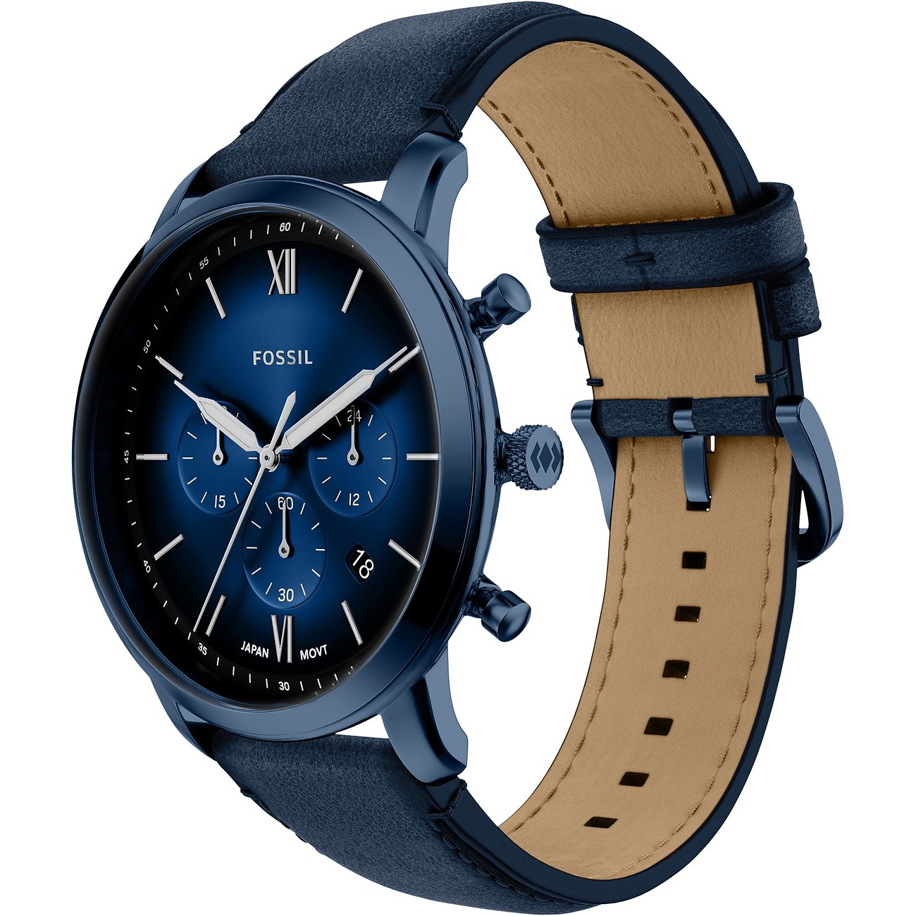 Dunkelblaue Fossil Herrenuhr aus Edelstahl mit Chronographenfunktion, blauer Analoguhr und dunkelblauem Lederarmband.
