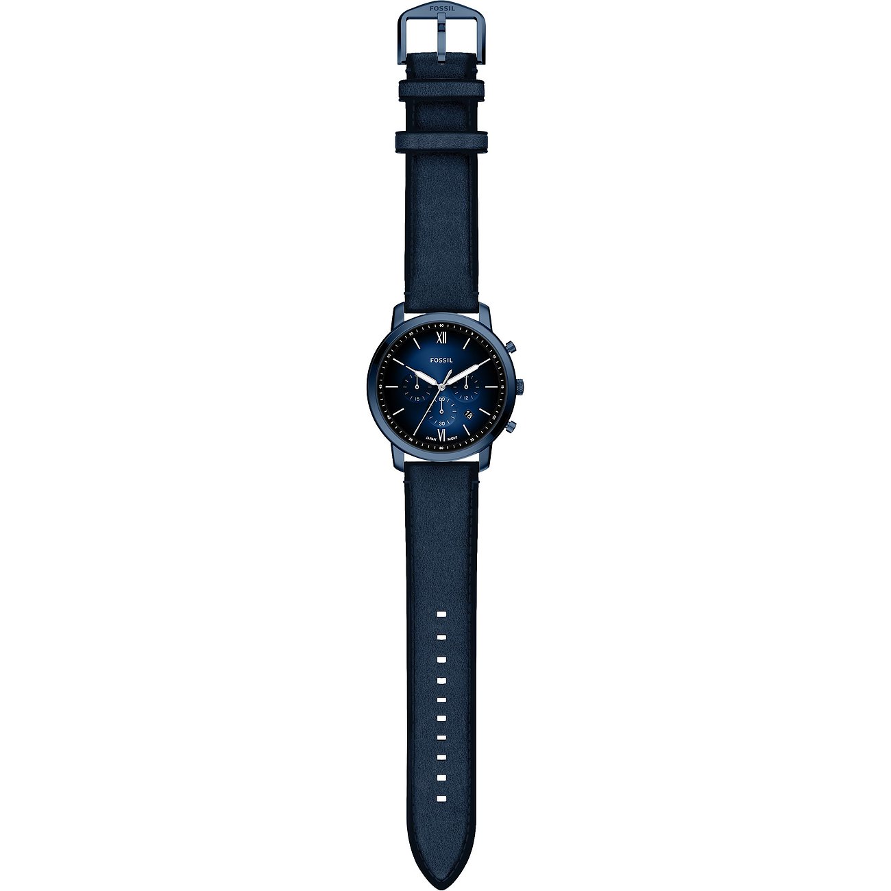 Die Herrenuhr von Fossil aus Edelstahl hat ein blaues Zifferblatt und ein blaues Lederarmband.