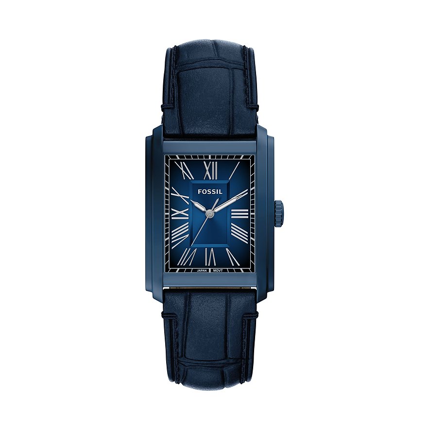 Montre Fossil homme en acier inoxydable bleu, cadran rectangulaire et bracelet en cuir bleu.