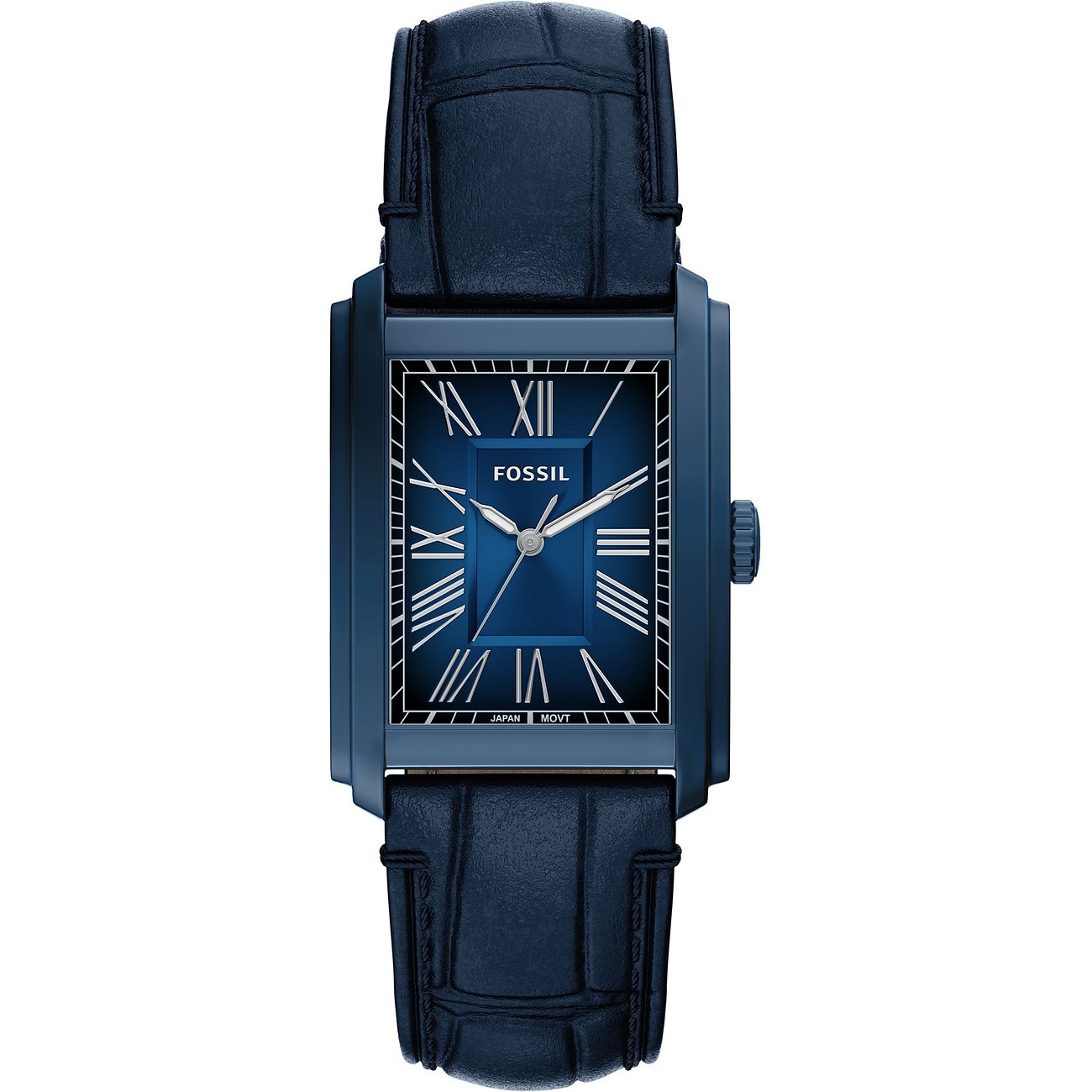 Montre Fossil homme en acier inoxydable bleu, cadran rectangulaire et bracelet en cuir bleu.