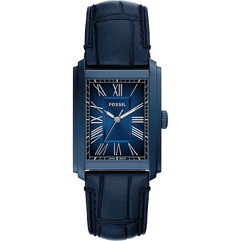 Fossil Herrenuhr aus blauem Edelstahl mit rechteckigem Zifferblatt und blauem Lederarmband.
