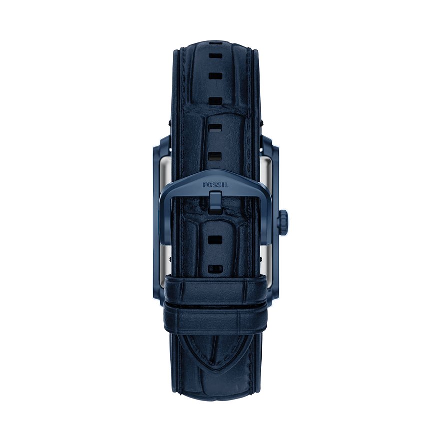 Vue arrière de la montre carrée Fossil pour homme en acier inoxydable bleu foncé avec bracelet en cuir embossé croco.