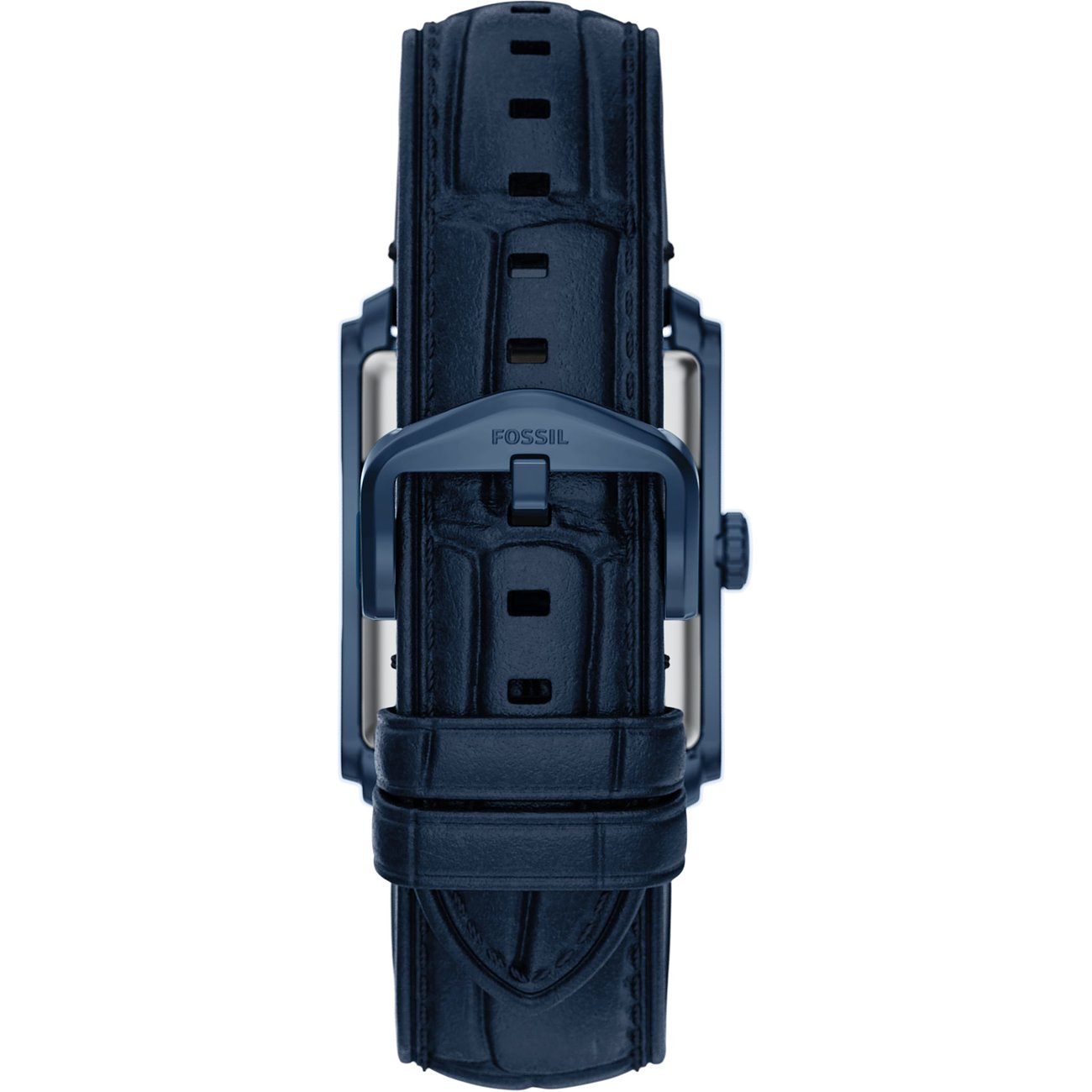 Vue arrière de la montre carrée Fossil pour homme en acier inoxydable bleu foncé avec bracelet en cuir embossé croco.
