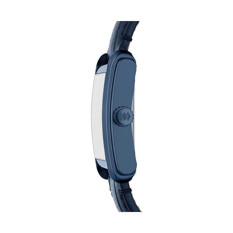Vue latérale de la montre Fossil bleue pour homme avec boîtier rectangulaire en acier et bracelet en cuir noir.