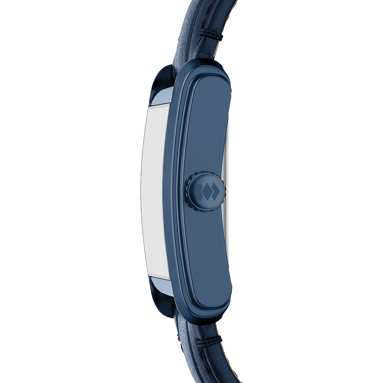 Vue latérale de la montre Fossil bleue pour homme avec boîtier rectangulaire en acier et bracelet en cuir noir.