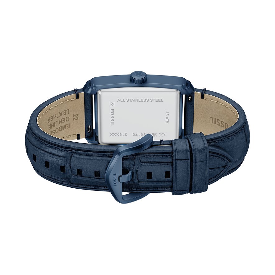 Vue arrière de la montre homme Fossil en cuir gaufré bleu et acier inoxydable bleu foncé.