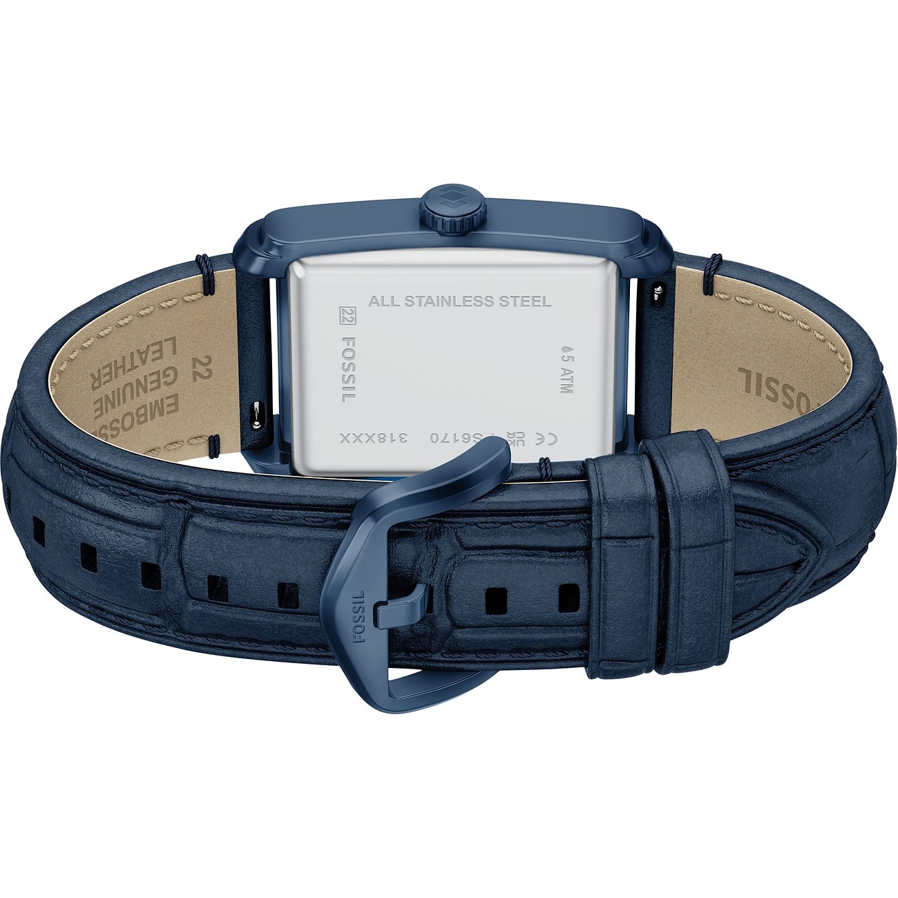 Vue arrière de la montre homme Fossil en cuir gaufré bleu et acier inoxydable bleu foncé.