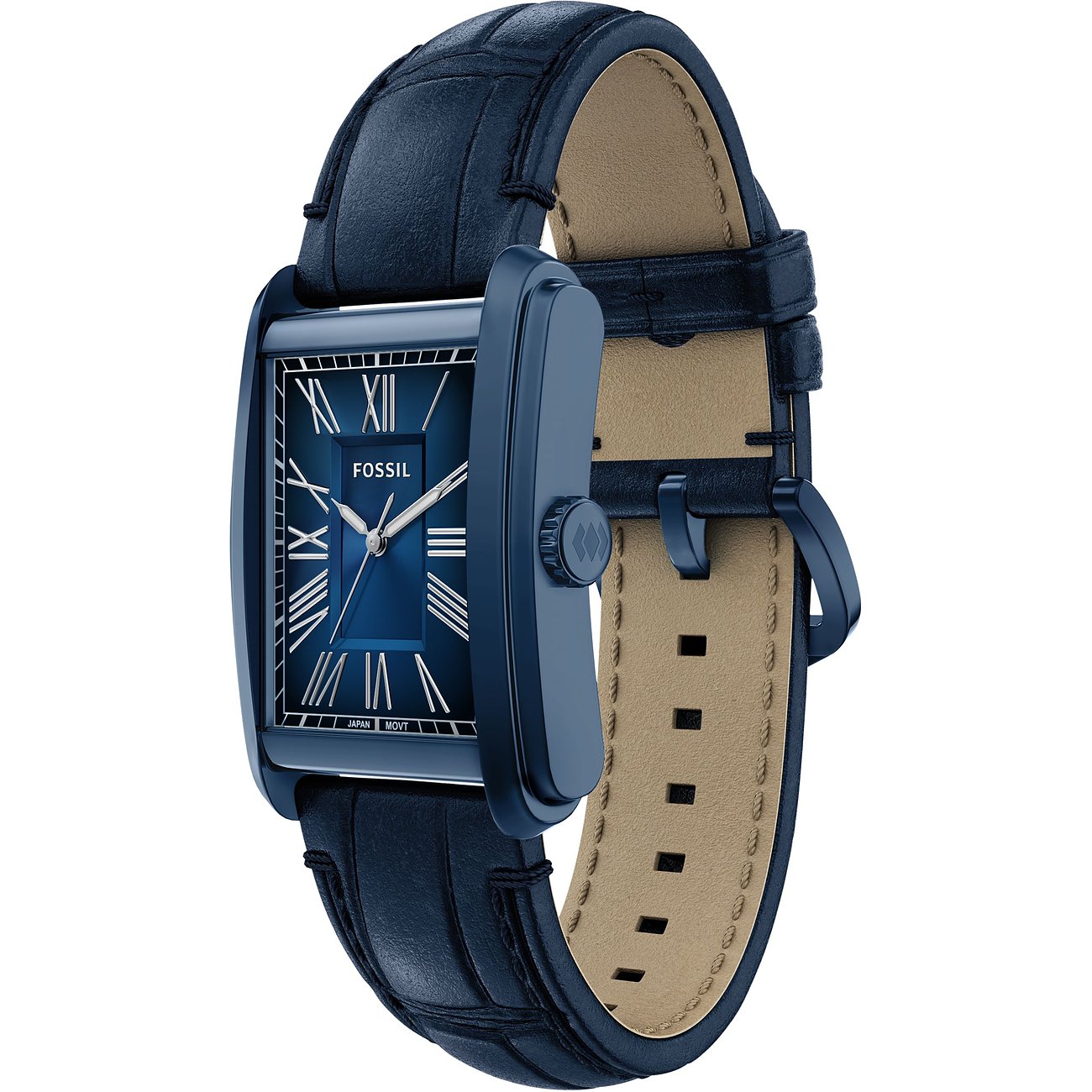 Gros plan d'une montre Fossil homme en acier inoxydable bleu, rectangulaire, avec bracelet en cuir de crocodile bleu.