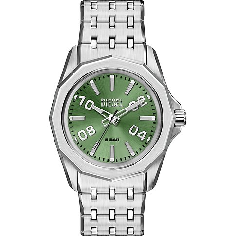 Diesel Herrenuhr aus Edelstahl mit eckigem Gehäuse in Silber und einem grünen Zifferblatt, frontal fotografiert.