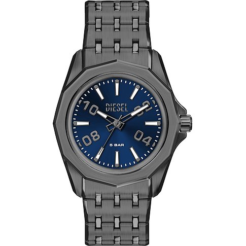 Diesel Herrenuhr aus blauem und grauem Edelstahl, schräg von vorne gesehen.