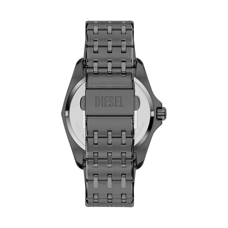 Rückansicht der Diesel Herrenuhr aus blau-grauem Edelstahl mit Logodetail auf der Schließe.