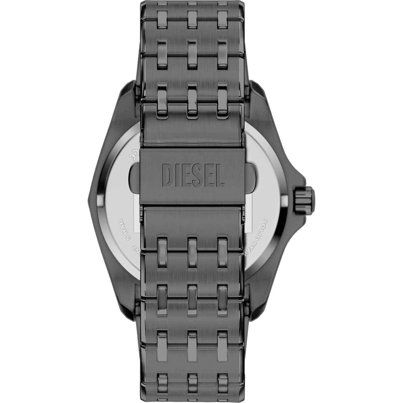 Rückansicht der Diesel Herrenuhr aus blau-grauem Edelstahl mit Logodetail auf der Schließe.