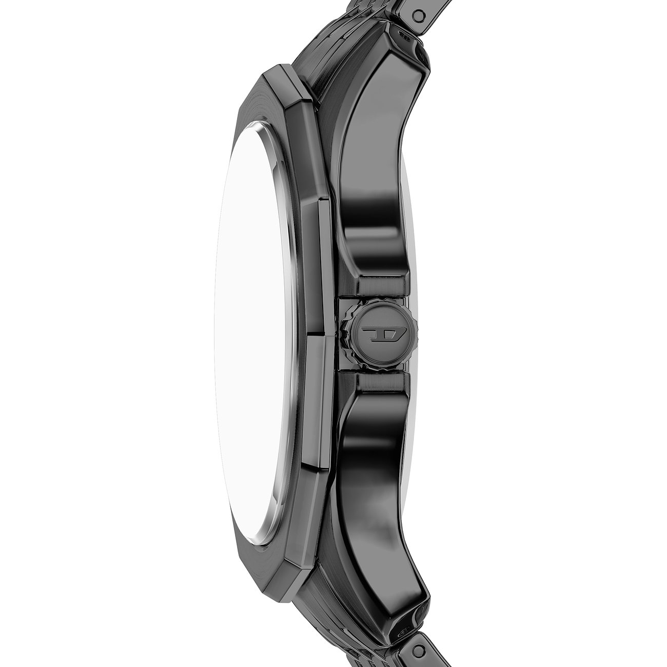 Seitenansicht der schwarzen Diesel Herrenuhr aus Edelstahl mit Krone.