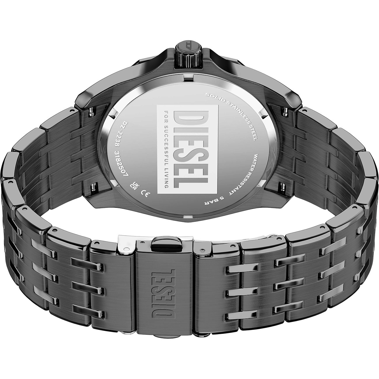 Rückansicht der Diesel Herrenuhr aus dunkelgrauem Edelstahl mit eingraviertem Markenlogo auf dem Gehäuseboden.
